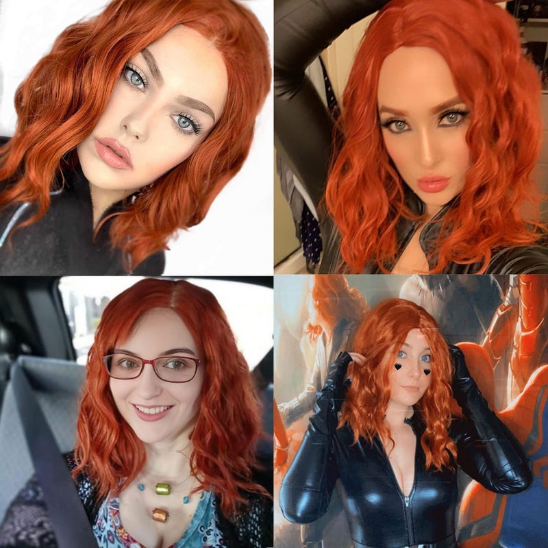 Aicos Short Curly Orange Wig Heat Resistant 35cm Fashion Ginger Red Wig Synthetic Auburn Bob Wig Suit for Daily Dress Carnival Party Masquerade Cosplay Curly Orange Wig+Wig Cap - Image 2